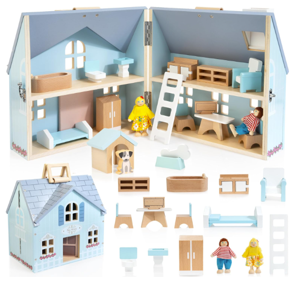 Toylix Foldable Wooden Dollhouse with 2 Dolls & Pet Set