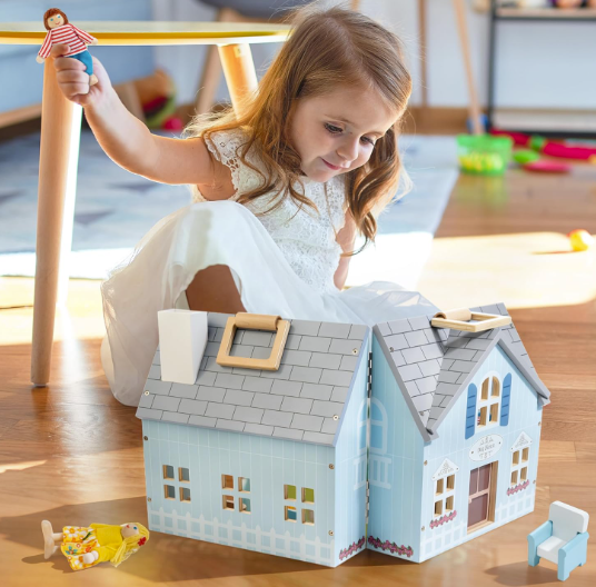 Toylix Foldable Wooden Dollhouse with 2 Dolls & Pet Set