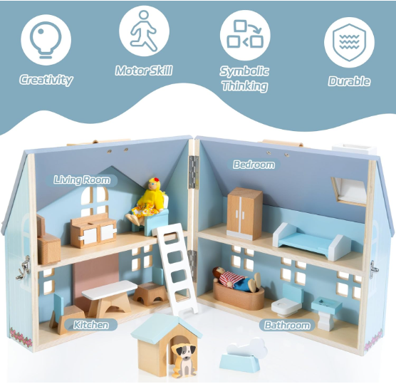 Toylix Foldable Wooden Dollhouse with 2 Dolls & Pet Set