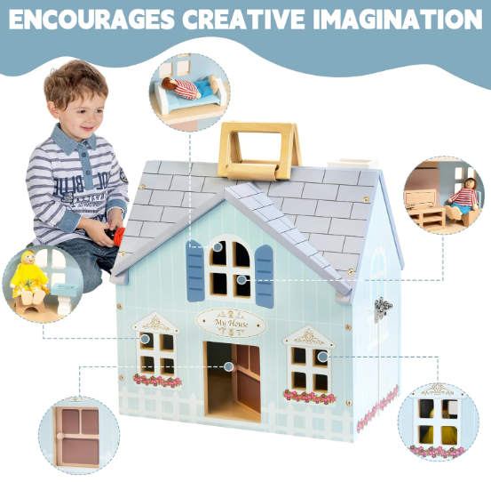 Toylix Foldable Wooden Dollhouse with 2 Dolls & Pet Set
